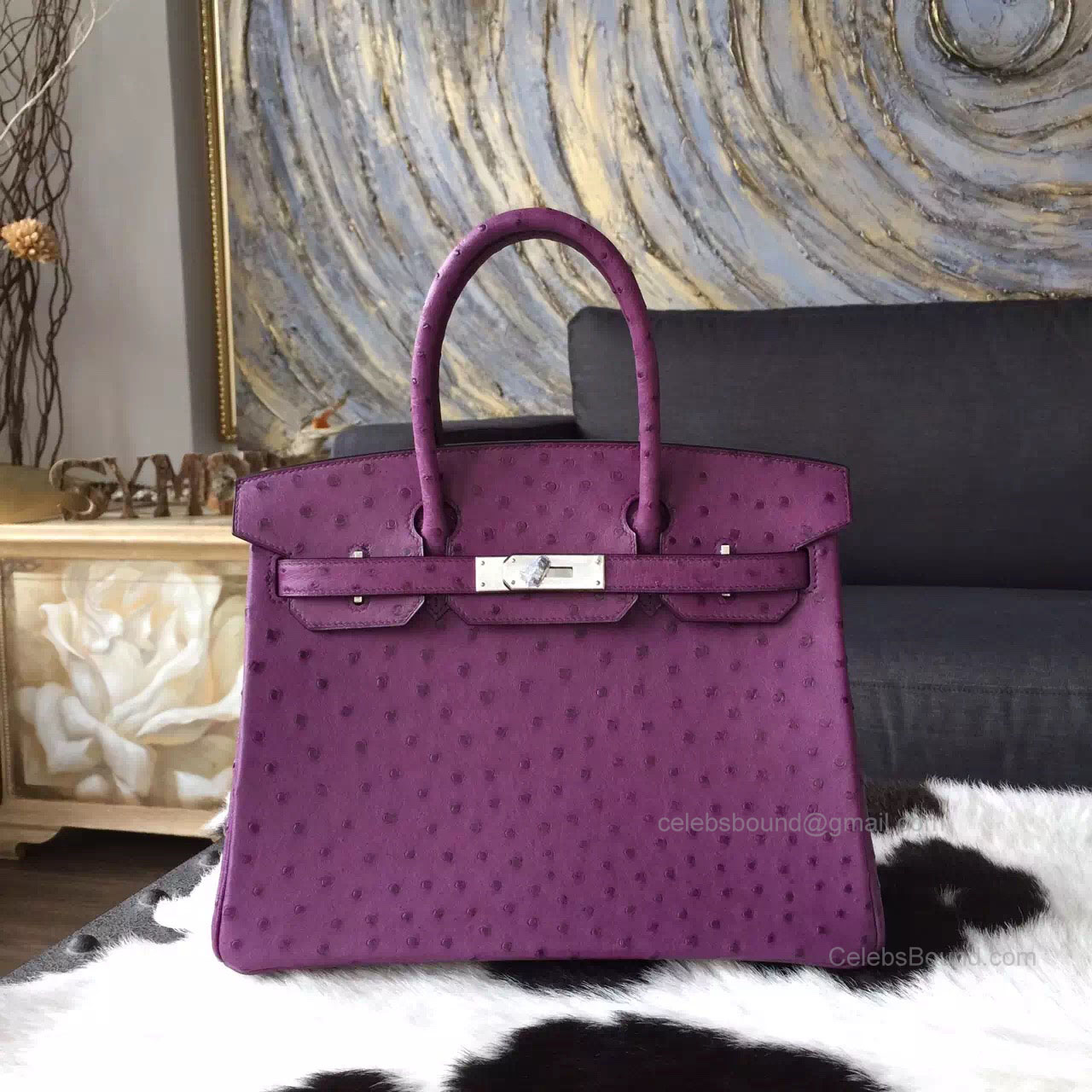 Hermes Birkin 30 Bag Ultraviolet Ostrich Leather Handstitched Silver hw