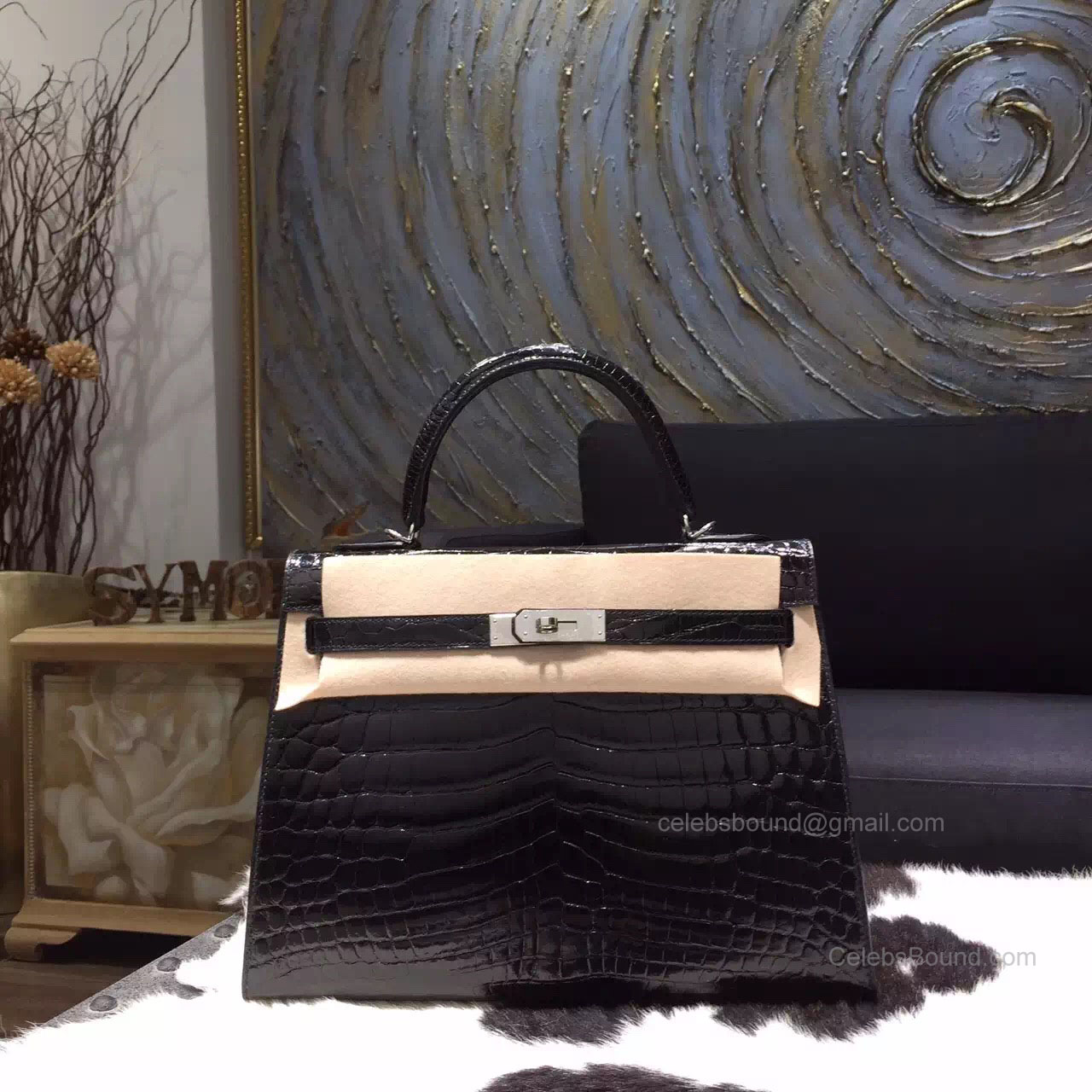 Hermes Kelly 32 Bag Black Crocodile Leather Handstitched Silver hw