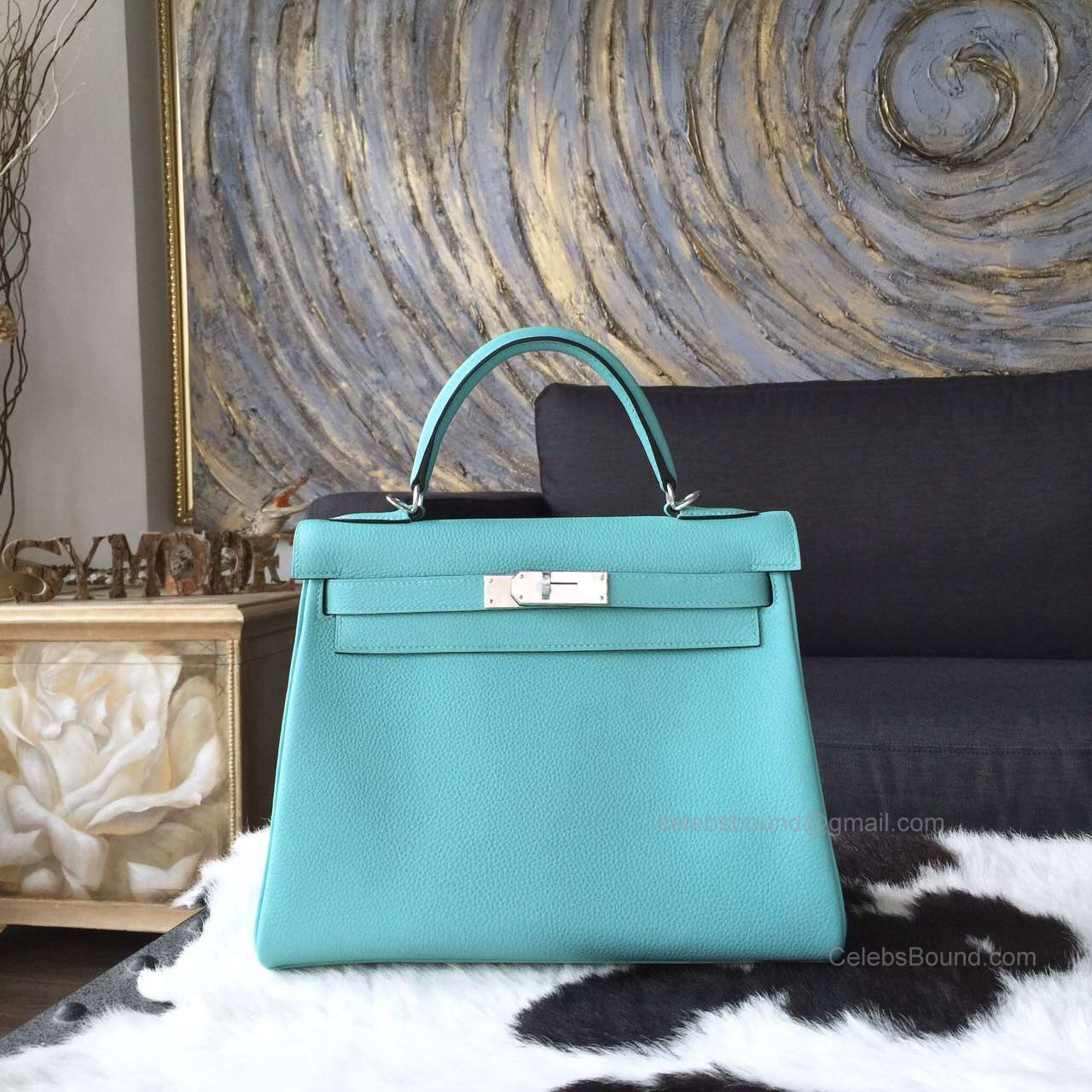 Hermes Kelly 28 Bag Blue Atoll 3p Togo Leather Handstitched Silver hw
