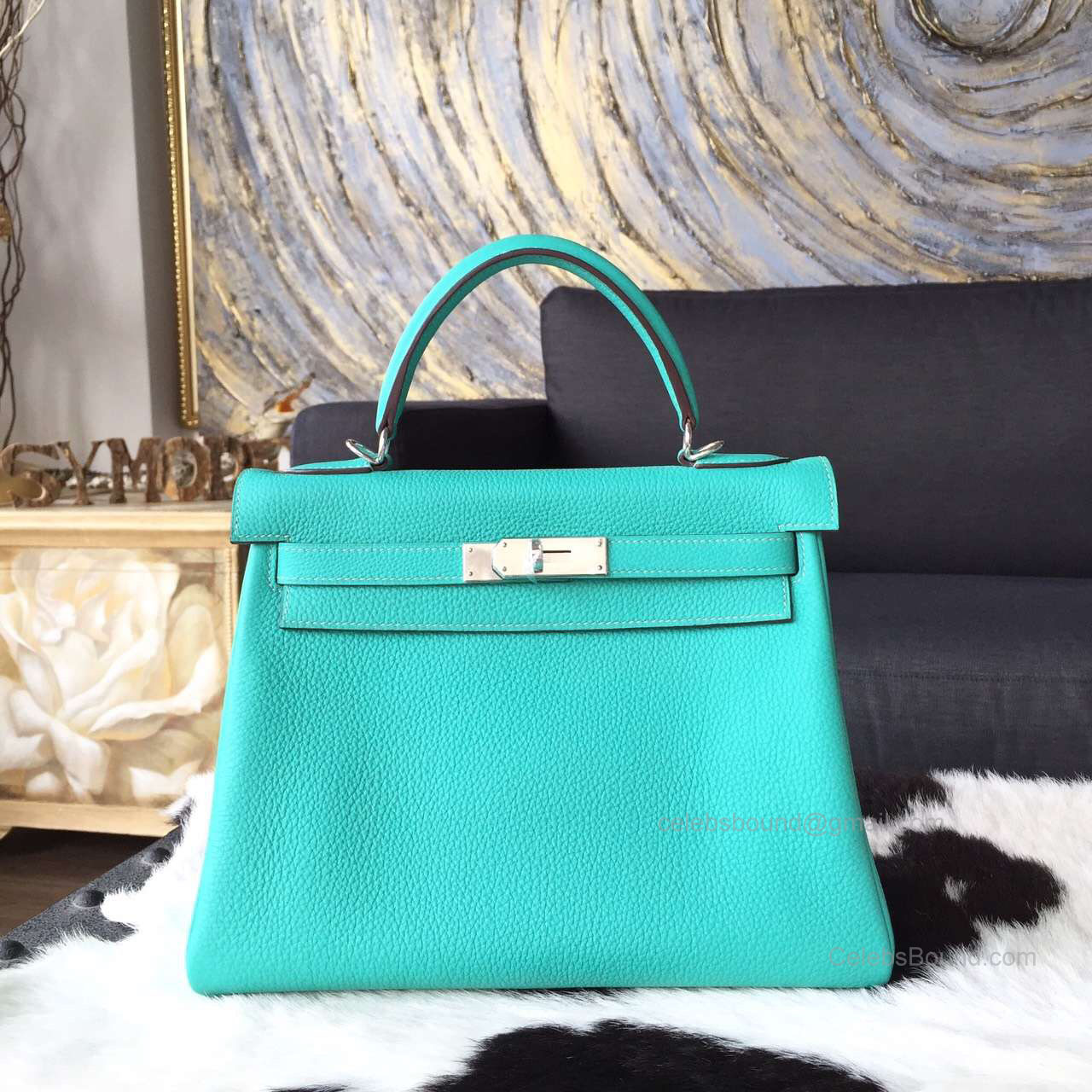 Hermes Kelly 28 Bag Lagon 7V Togo Leather Handstitched Silver hw