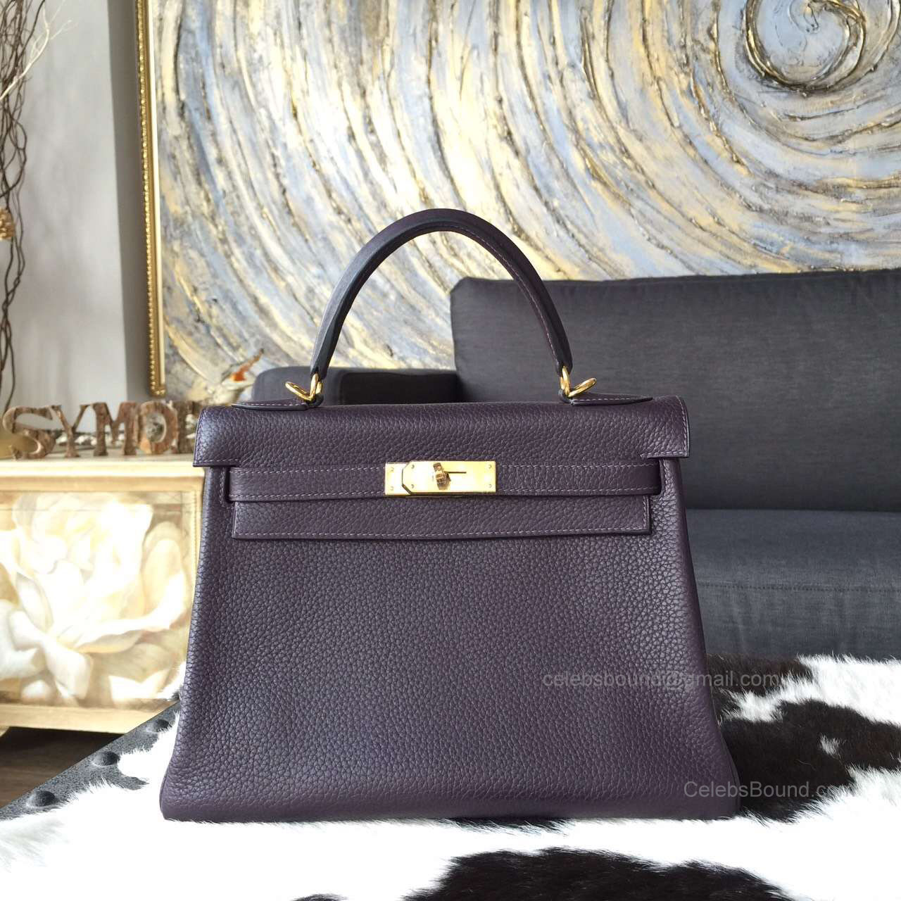 Hermes Kelly 28 Bag Raisin ck59 Togo Leather Handstitched Gold hw