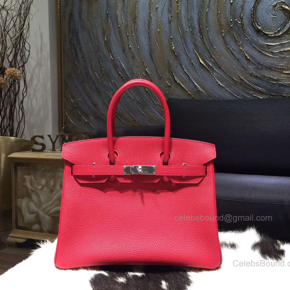 Hermes Birkin 30 Bag Rouge Piovine Togo Leather Handstitched Silver hw