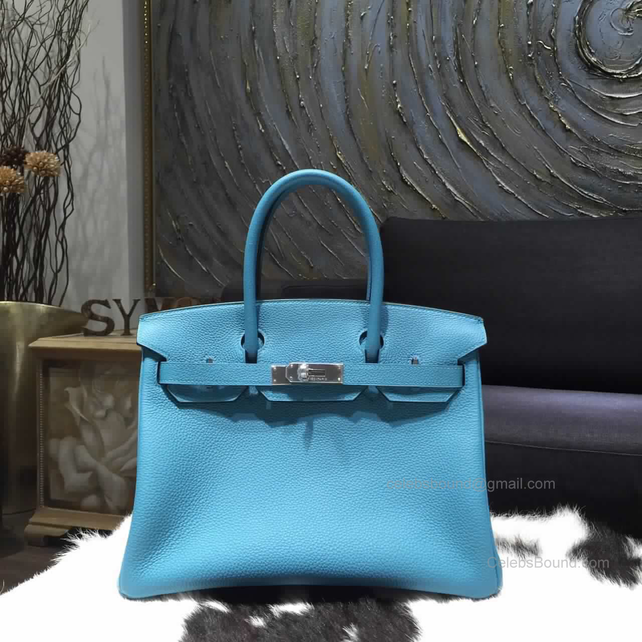 Hermes Birkin 30 Bag Blue Turqouise 7B Togo Leather Handstitched Silver hw
