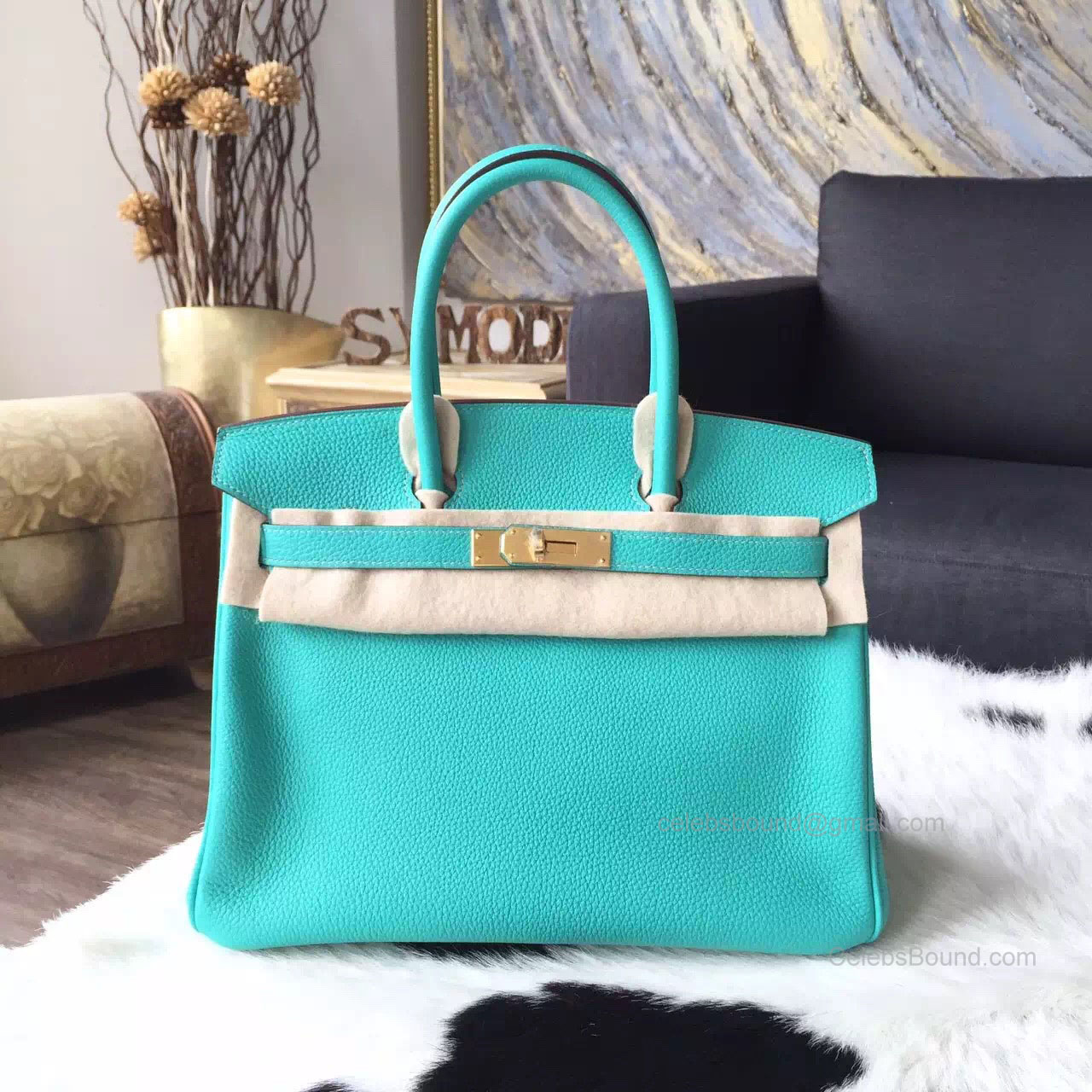 Hermes Birkin 30 Bag Lagoon 7V Togo Leather Handstitched Gold hw