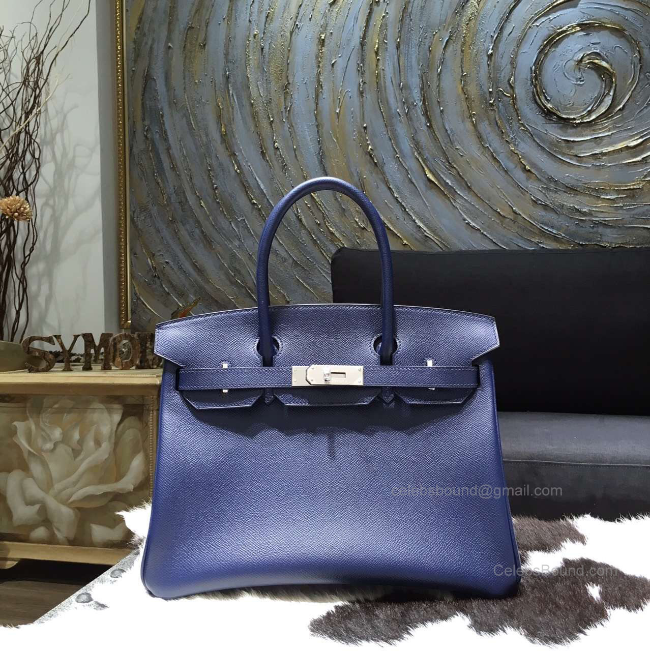 Hermes Birkin 30 Bag Blue Saphir Epsom Leather Handstitched Silver hw