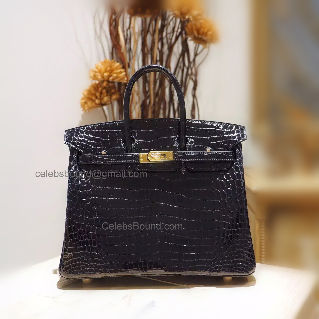 Hand Stitched Hermes Birkin 25 Bag in ck89 Noir Shining Porosus Croc GHW