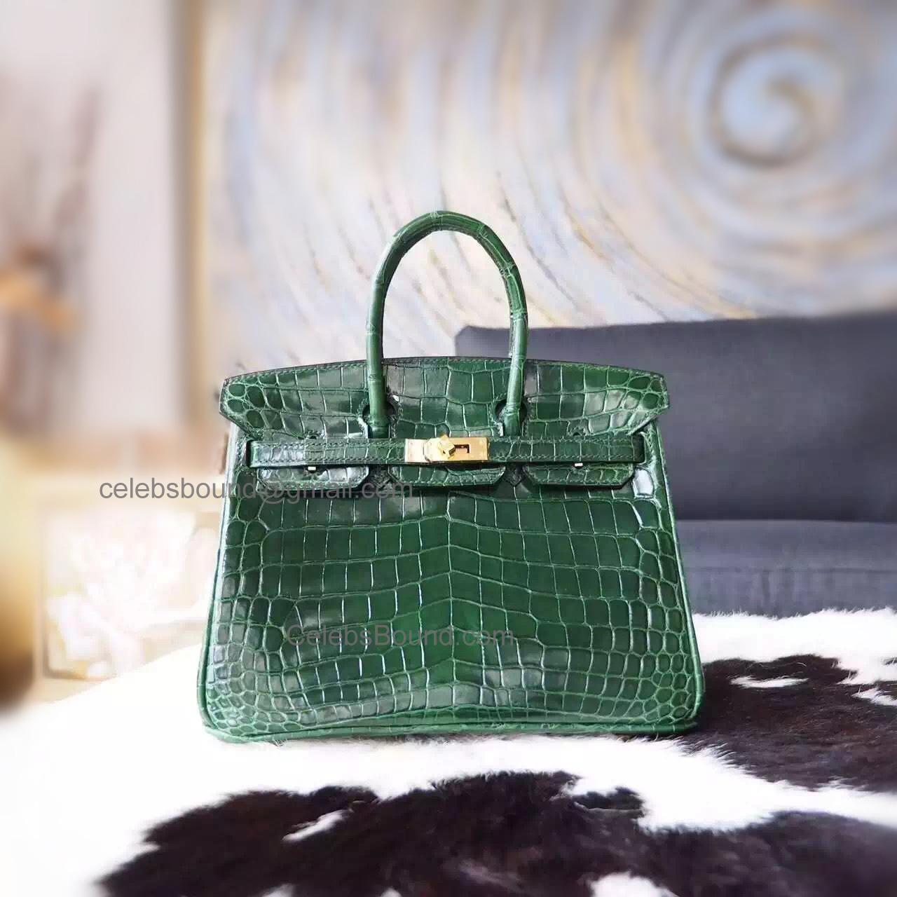 Hand Stitched Hermes Birkin 25 Bag in ck67 Vert Fonce Shining Niloticus Croc GHW