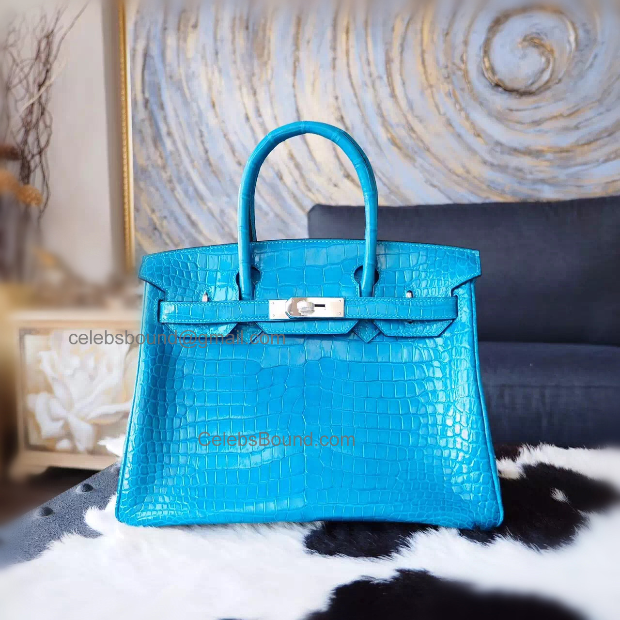 Hand Stitched Hermes Birkin 35 Bag in 7w Blue Izmir Shining Porosus Croc SHW