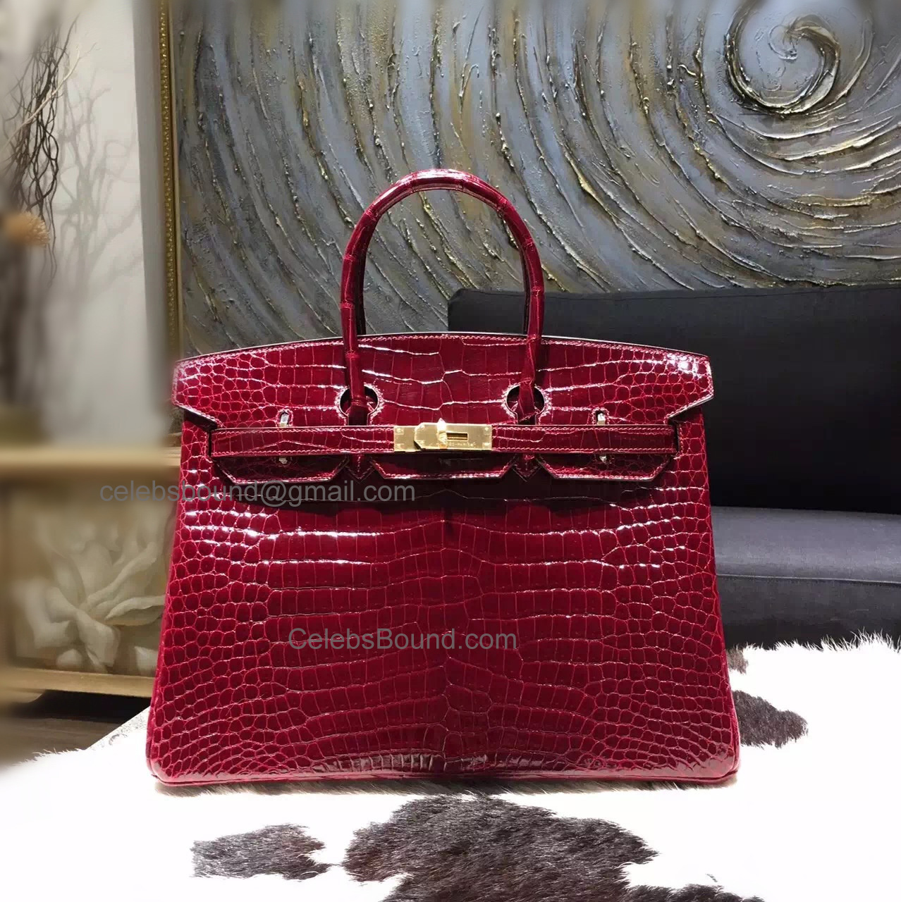 Hand Stitched Hermes Birkin 35 Bag in ck57 Bordeaux Shining Porosus Croc GHW