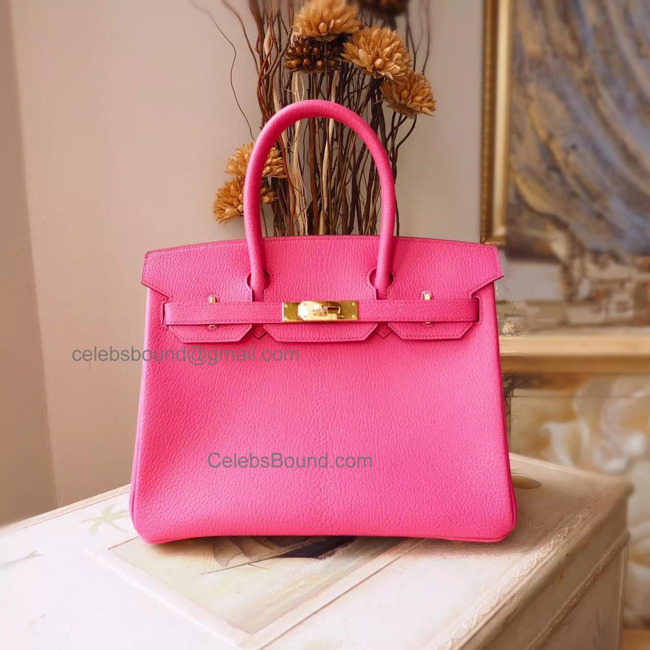 Handstitched Hermes Birkin 30 Bag in 5j Fuschia Pink Chevere Myzore Goatskin GHW