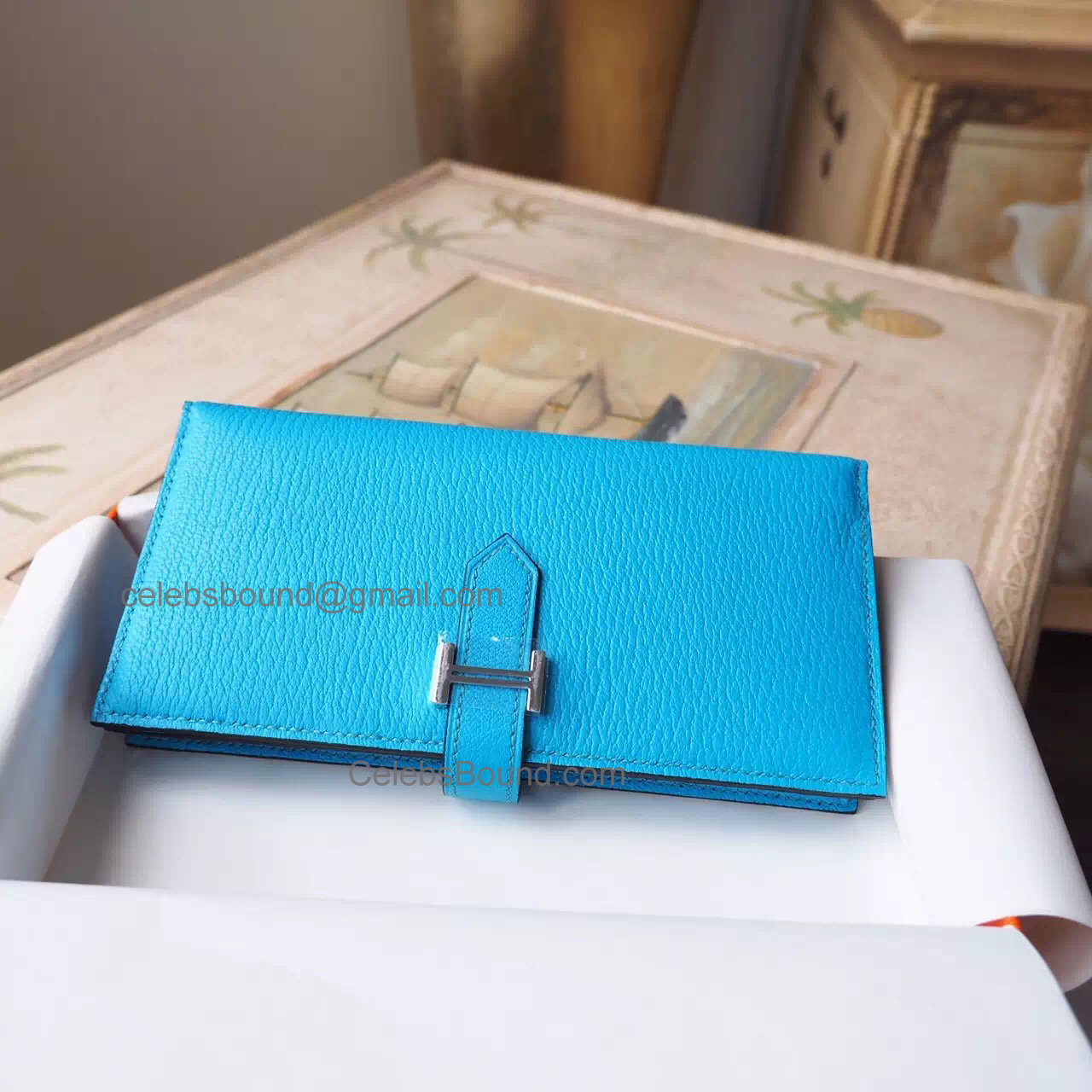 Handmade Hermes Bearn Wallet in 7m Blue Aztec Goatskin PHW