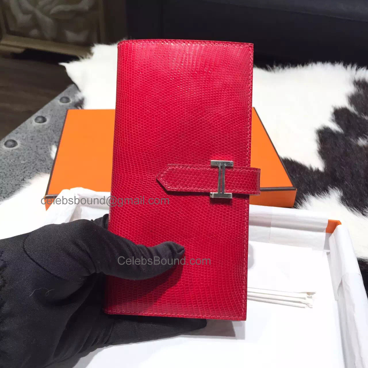 Handmade Hermes Bearn Wallet in Red Lizard Leather PHW