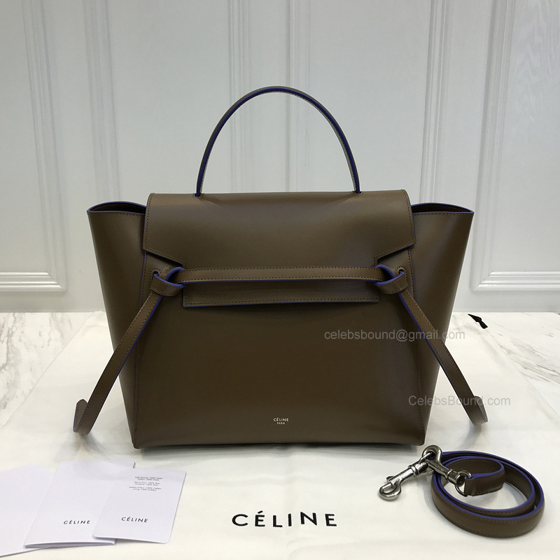 Celine Mini Belt Bag in Khaki Textured Calfskin with Blue Piping