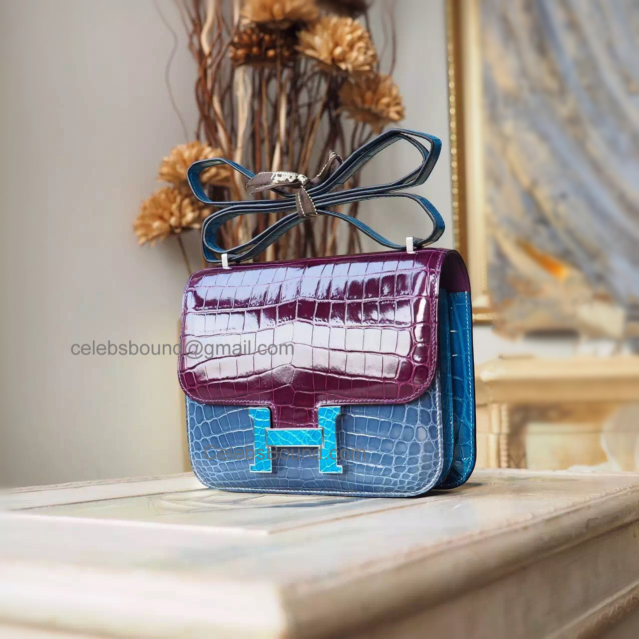 Hermes Mini Constance 18 Bag in Tricolored n5 Cassis Shining Croc PHW